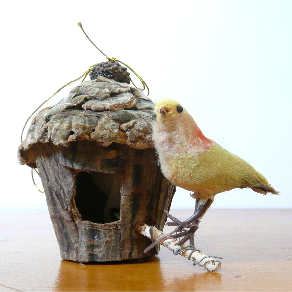 VTG Ornament Yellow Bird on Perch Bird House Spun Cotton Bark Rustic Christmas